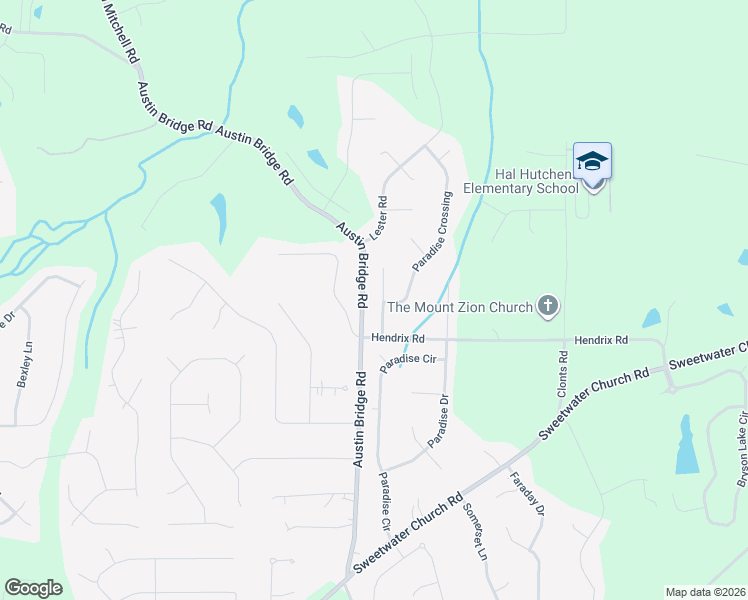 map of restaurants, bars, coffee shops, grocery stores, and more near 91 Paradise Pointe in Douglasville