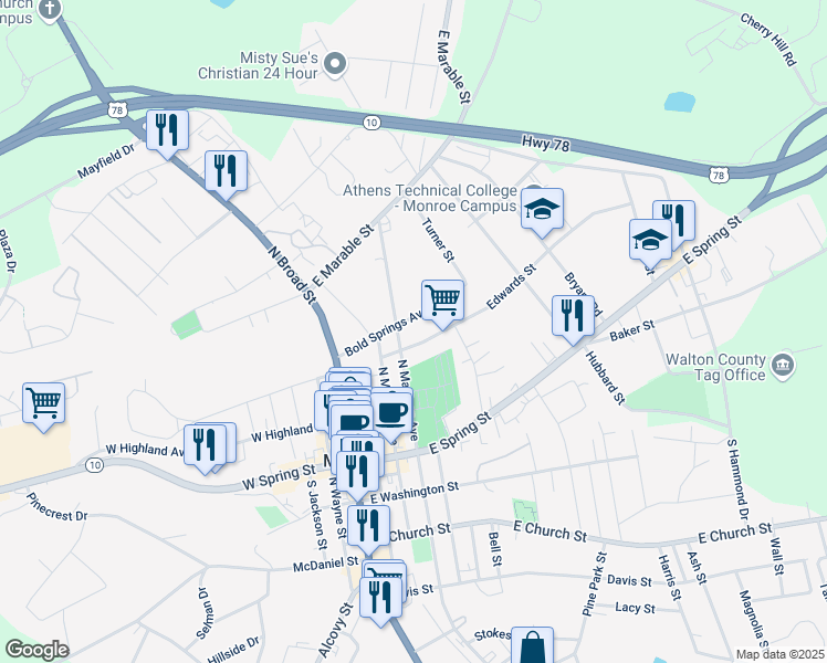 map of restaurants, bars, coffee shops, grocery stores, and more near 315 Edwards Street in Monroe