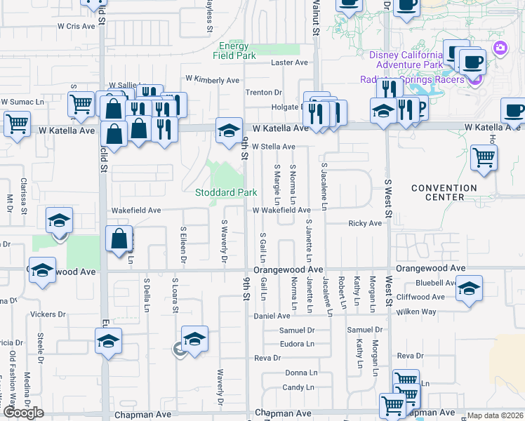 map of restaurants, bars, coffee shops, grocery stores, and more near South Gail Lane in Anaheim