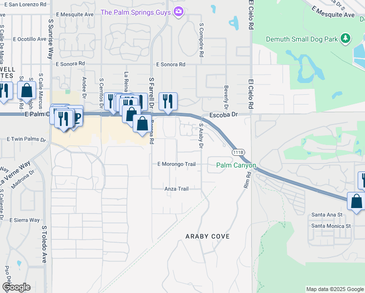 map of restaurants, bars, coffee shops, grocery stores, and more near 1833 South Araby Drive in Palm Springs