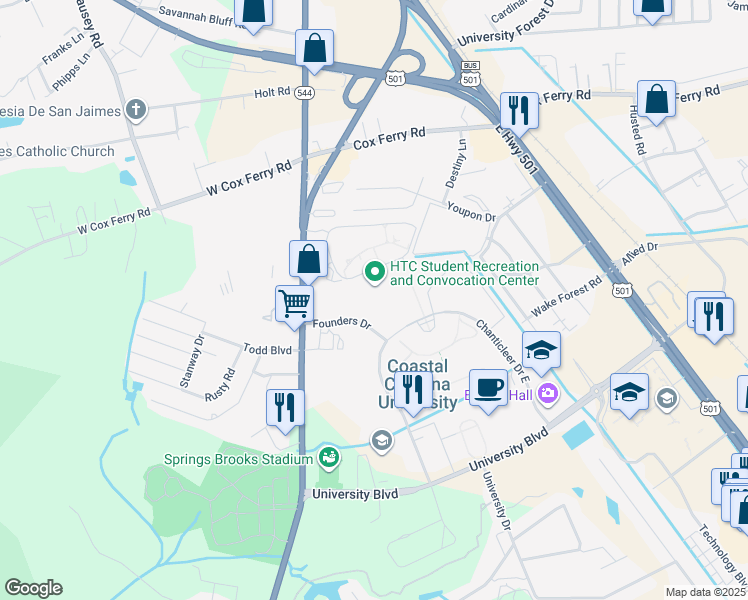 map of restaurants, bars, coffee shops, grocery stores, and more near 104 Founders Drive in Conway