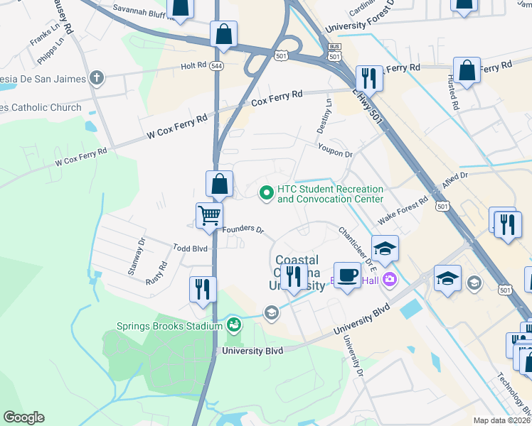 map of restaurants, bars, coffee shops, grocery stores, and more near 104 Founders Drive in Conway