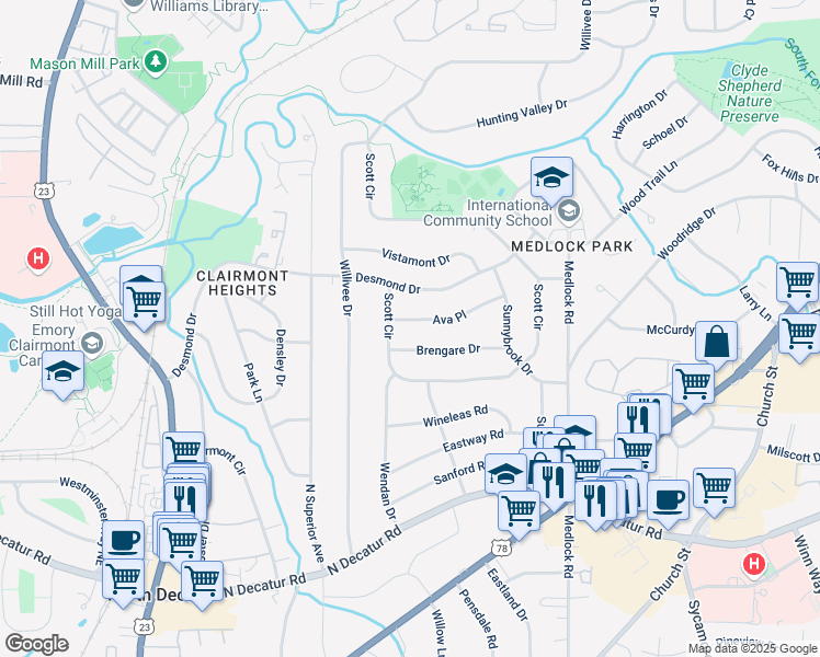 map of restaurants, bars, coffee shops, grocery stores, and more near 526 Scott Circle in Decatur