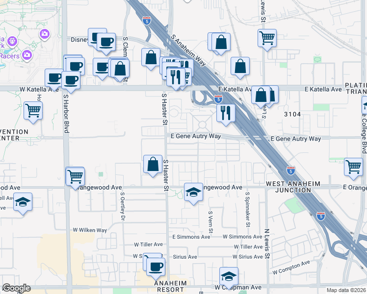 map of restaurants, bars, coffee shops, grocery stores, and more near 134 East Wakefield Avenue in Anaheim