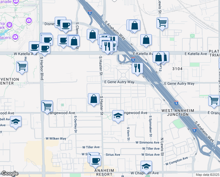 map of restaurants, bars, coffee shops, grocery stores, and more near 128 East Wakefield Avenue in Anaheim