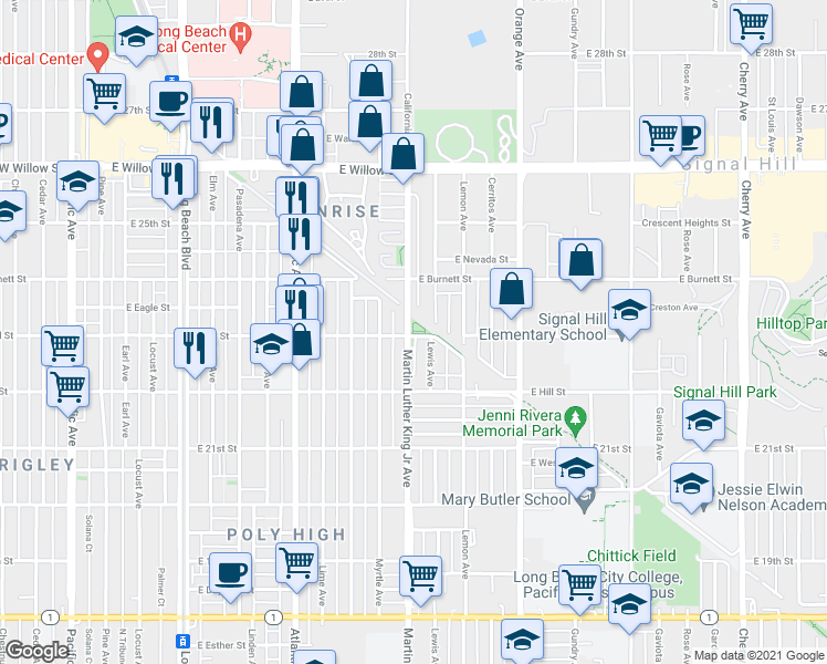 map of restaurants, bars, coffee shops, grocery stores, and more near 2300 Martin Luther King Junior Avenue in Long Beach