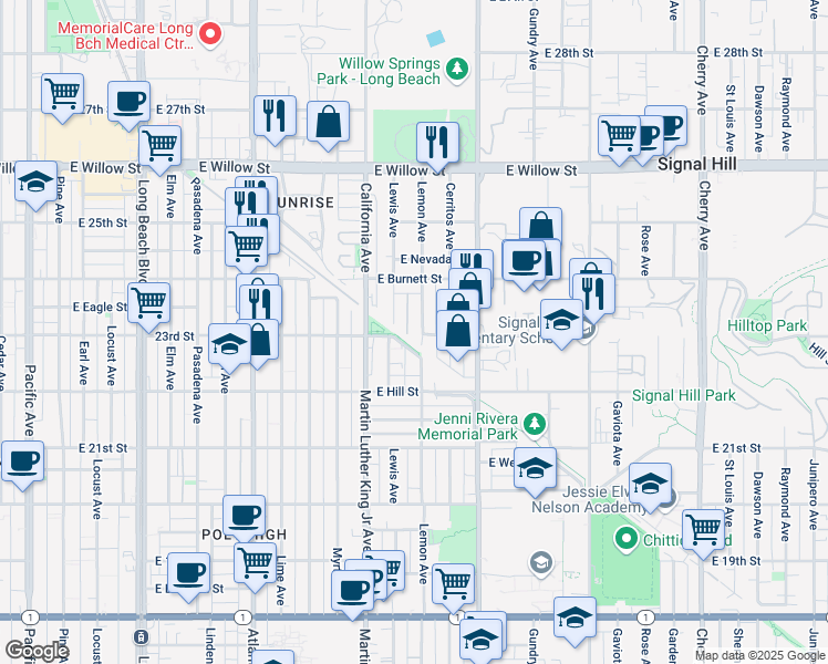 map of restaurants, bars, coffee shops, grocery stores, and more near 2305 Lemon Avenue in Signal Hill