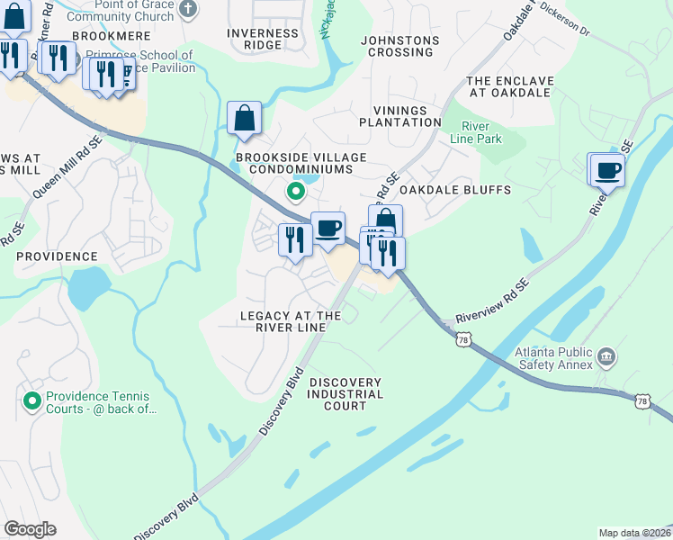 map of restaurants, bars, coffee shops, grocery stores, and more near 1301 Holly Park Lane Southeast in Mableton