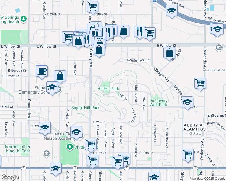 map of restaurants, bars, coffee shops, grocery stores, and more near 2209 Westwind Way in Signal Hill