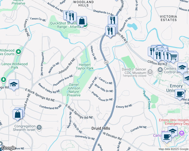 map of restaurants, bars, coffee shops, grocery stores, and more near 1644 Anita Place Northeast in Atlanta