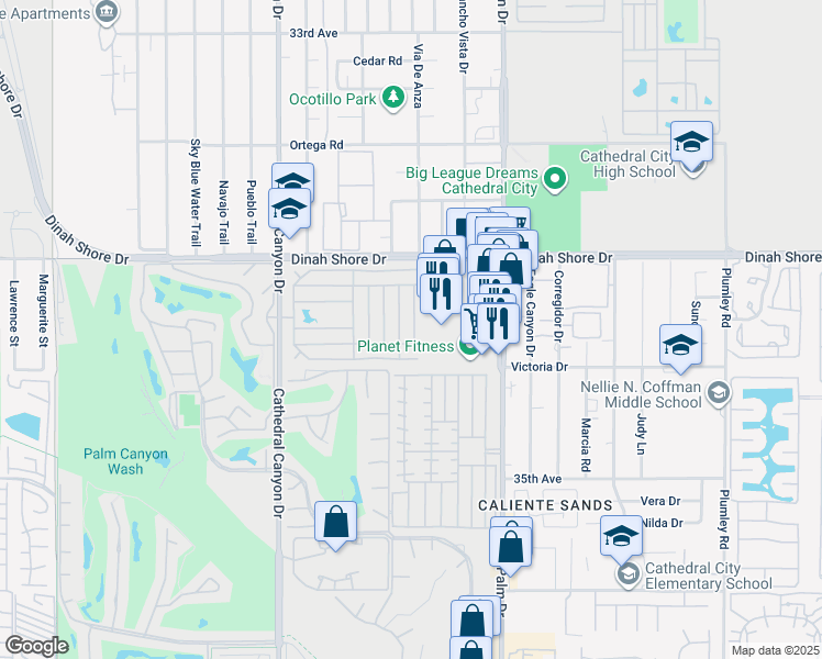 map of restaurants, bars, coffee shops, grocery stores, and more near 89 Armenia Drive in Cathedral City