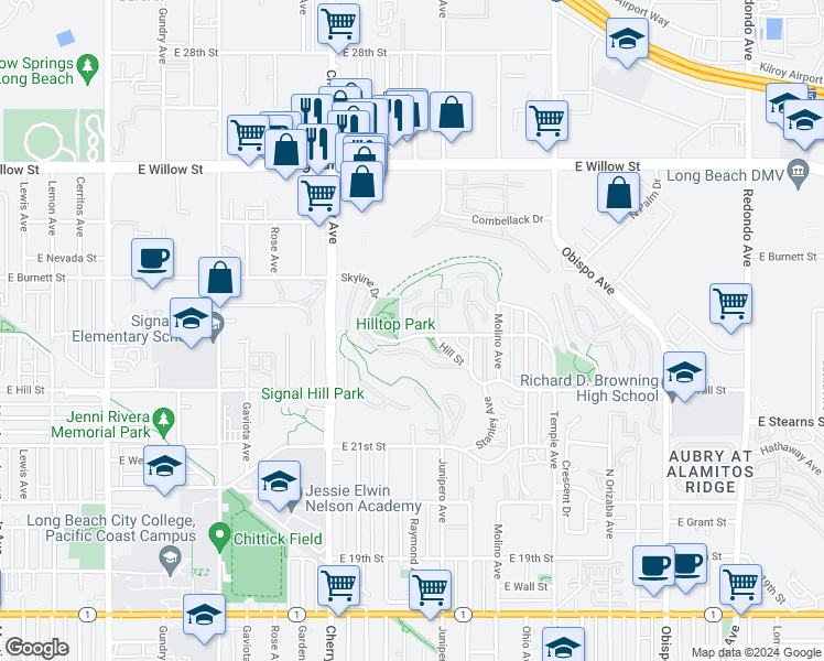 map of restaurants, bars, coffee shops, grocery stores, and more near 2209 Westwind Way in Signal Hill