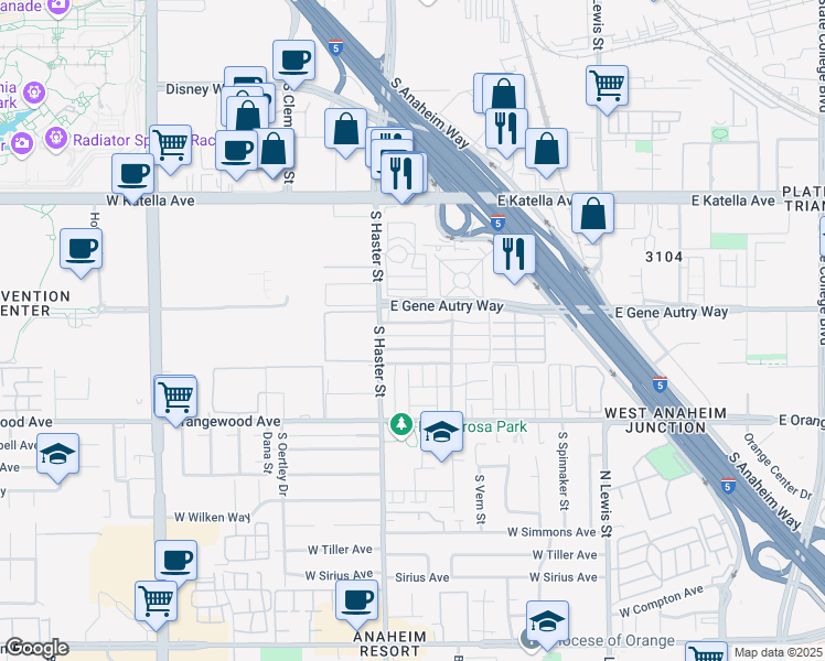 map of restaurants, bars, coffee shops, grocery stores, and more near 128 East Wakefield Avenue in Anaheim