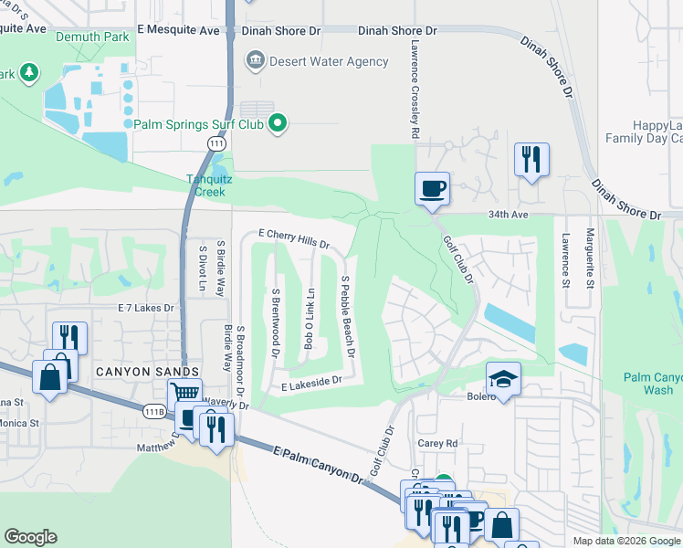 map of restaurants, bars, coffee shops, grocery stores, and more near 2063 South Pebble Beach Drive in Palm Springs