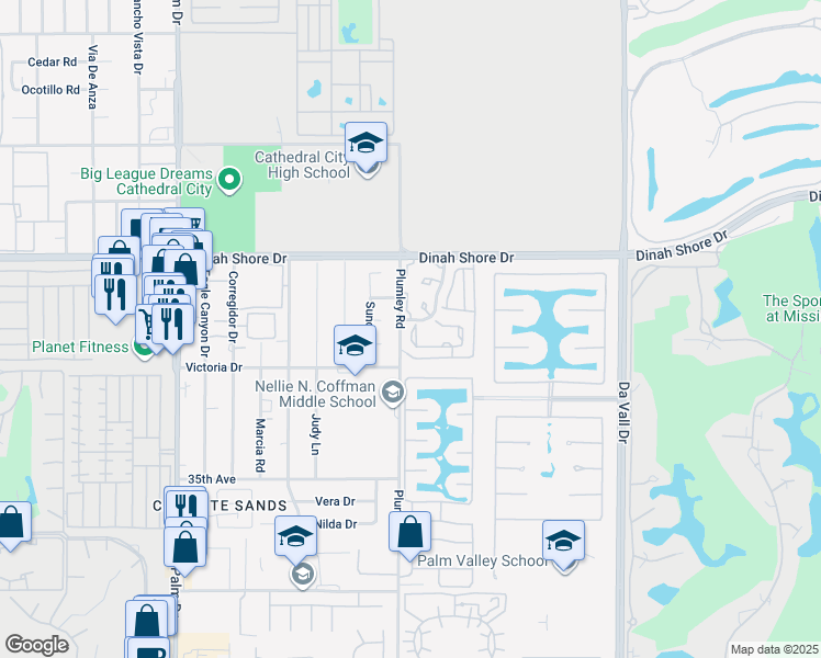 map of restaurants, bars, coffee shops, grocery stores, and more near 34314 Laura Way in Rancho Mirage