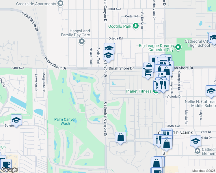 map of restaurants, bars, coffee shops, grocery stores, and more near 2 Coble Drive in Cathedral City