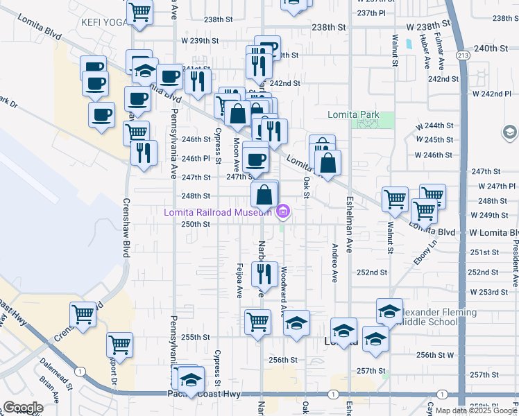 map of restaurants, bars, coffee shops, grocery stores, and more near 24809 Narbonne Avenue in Lomita