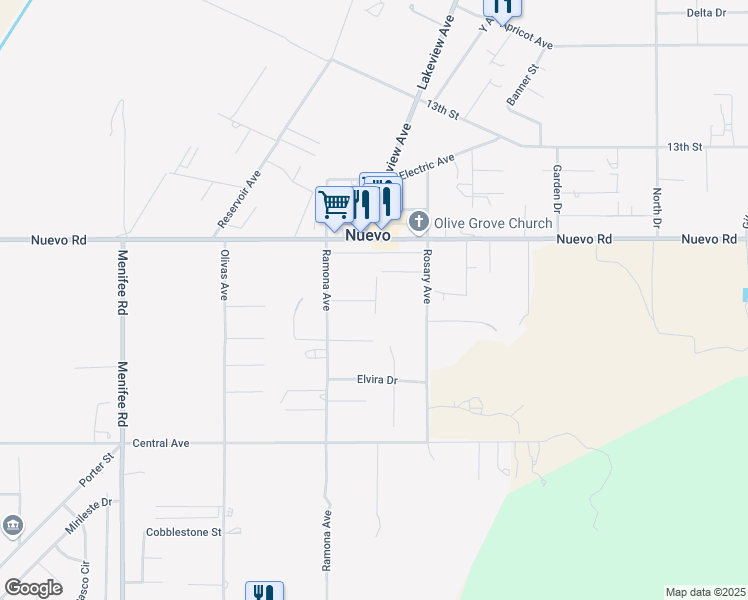 map of restaurants, bars, coffee shops, grocery stores, and more near Archibek Drive in Nuevo