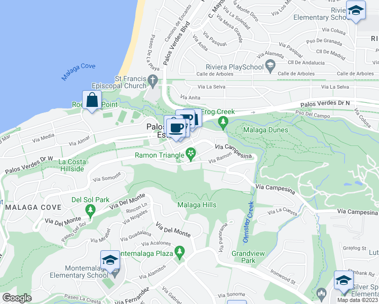map of restaurants, bars, coffee shops, grocery stores, and more near 2432 Vía Campesina in Palos Verdes Estates