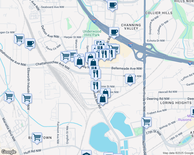map of restaurants, bars, coffee shops, grocery stores, and more near 1667 Howell Mill Road Northwest in Atlanta