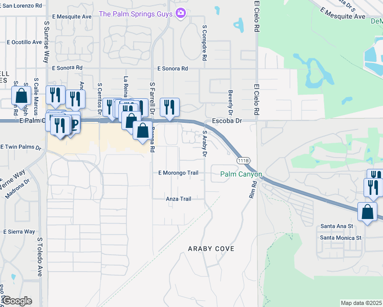 map of restaurants, bars, coffee shops, grocery stores, and more near 1833 South Araby Drive in Palm Springs