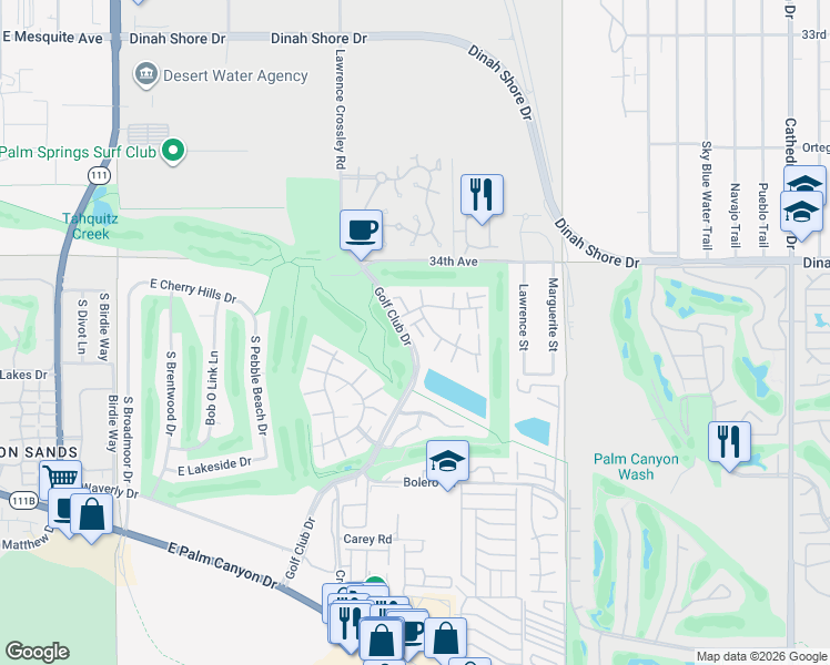 map of restaurants, bars, coffee shops, grocery stores, and more near 5951 Montecito Drive in Palm Springs