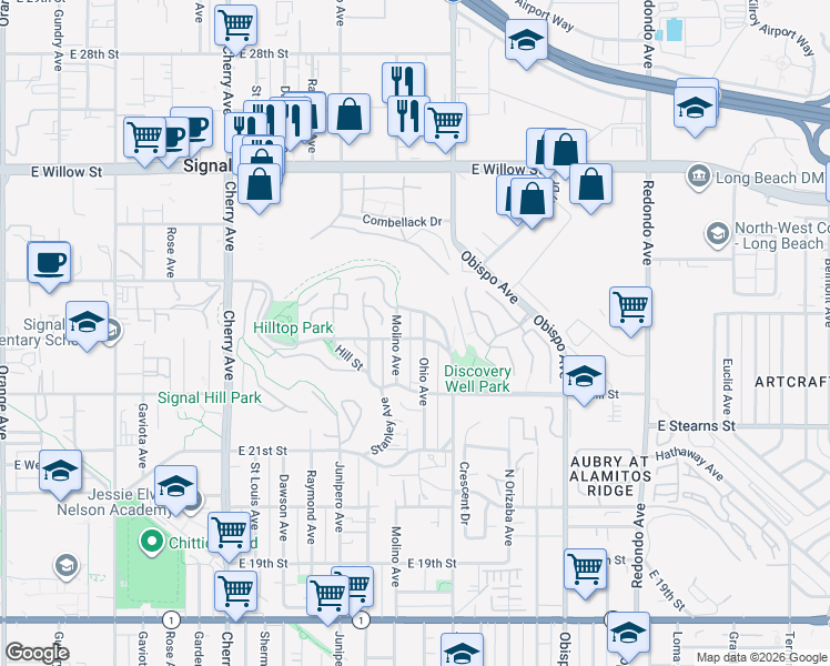 map of restaurants, bars, coffee shops, grocery stores, and more near 23522354 Molino Avenue in Signal Hill