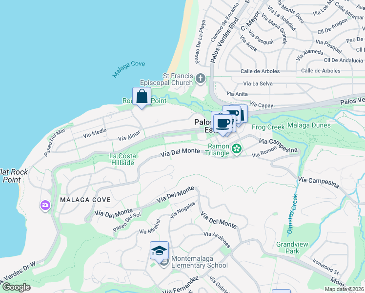 map of restaurants, bars, coffee shops, grocery stores, and more near 376 Palos Verdes Drive West in Palos Verdes Estates