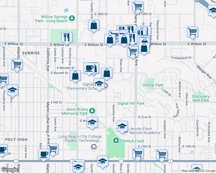 map of restaurants, bars, coffee shops, grocery stores, and more near 2300 Walnut Avenue in Signal Hill