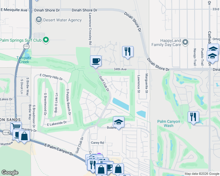 map of restaurants, bars, coffee shops, grocery stores, and more near 2010 Lawrence Crossley Road in Palm Springs