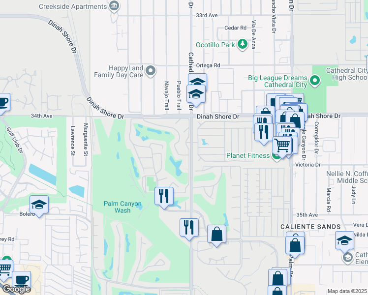 map of restaurants, bars, coffee shops, grocery stores, and more near 34171 Calle Mora in Cathedral City