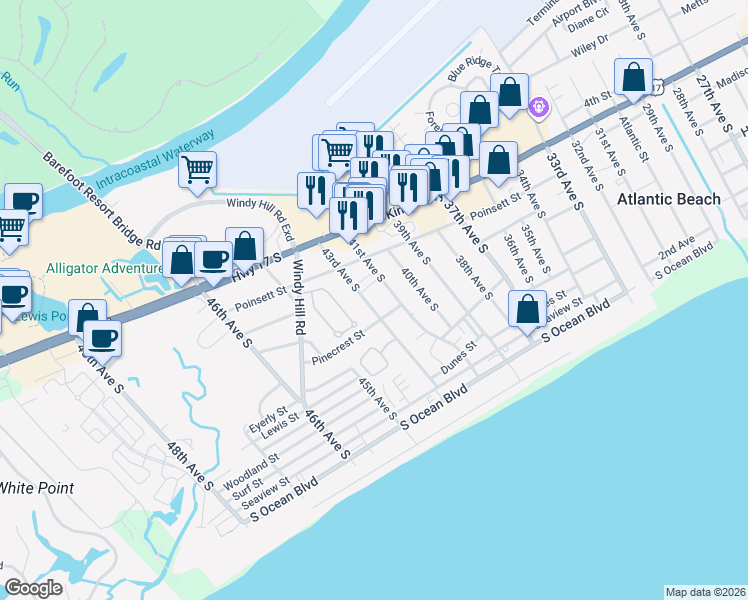 map of restaurants, bars, coffee shops, grocery stores, and more near 5 South Ocean Boulevard in North Myrtle Beach