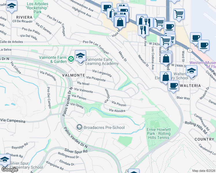 map of restaurants, bars, coffee shops, grocery stores, and more near 4112 Vía Picaposte in Palos Verdes Estates