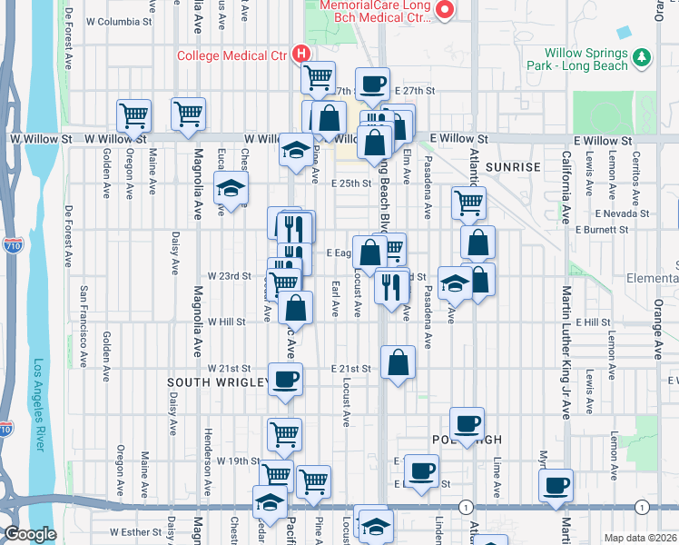 map of restaurants, bars, coffee shops, grocery stores, and more near 154 East Eagle Street in Long Beach