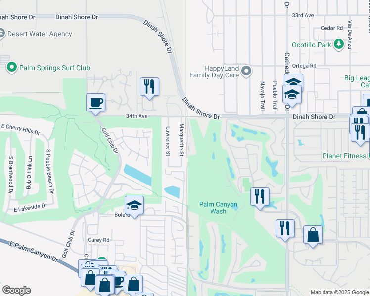 map of restaurants, bars, coffee shops, grocery stores, and more near 2080 Marguerite Street in Palm Springs