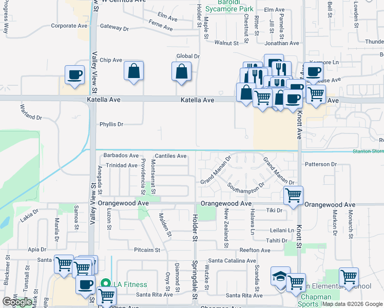 map of restaurants, bars, coffee shops, grocery stores, and more near 11254 Jamaica Street in Cypress