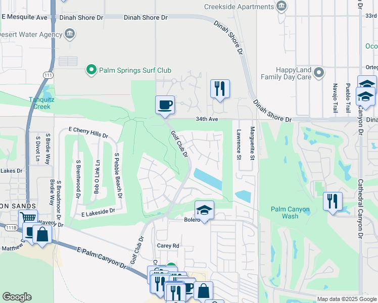 map of restaurants, bars, coffee shops, grocery stores, and more near 5951 Montecito Drive in Palm Springs