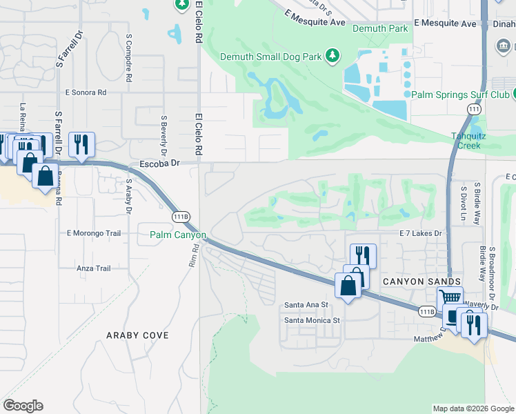 map of restaurants, bars, coffee shops, grocery stores, and more near 143 Desert Lakes Drive in Palm Springs