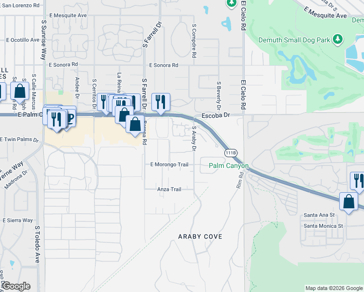map of restaurants, bars, coffee shops, grocery stores, and more near 2851 Amatista Court in Palm Springs