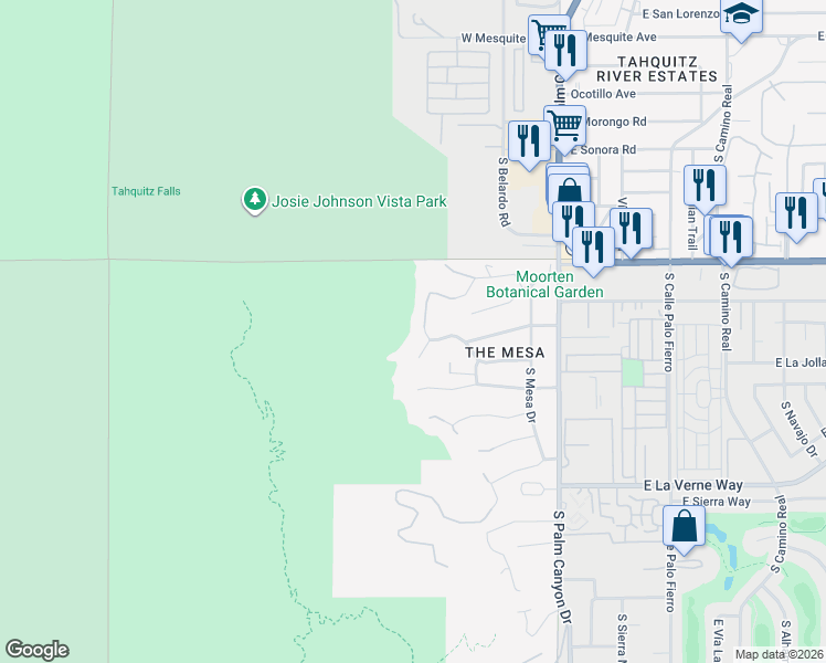 map of restaurants, bars, coffee shops, grocery stores, and more near 1716 Ridge Road in Palm Springs