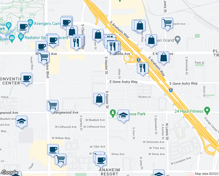 map of restaurants, bars, coffee shops, grocery stores, and more near 111 East Wakefield Avenue in Anaheim