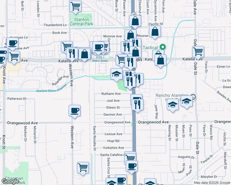 map of restaurants, bars, coffee shops, grocery stores, and more near in Stanton