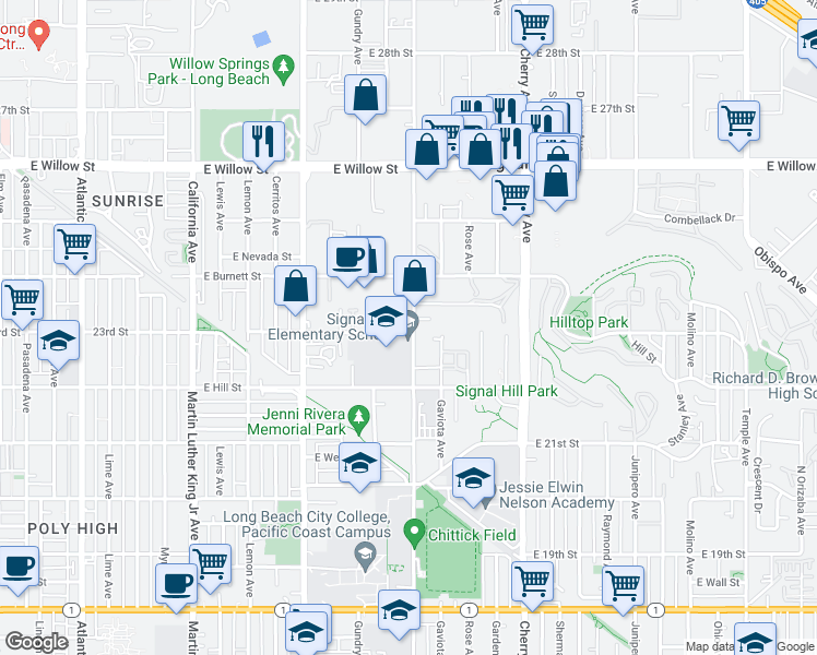 map of restaurants, bars, coffee shops, grocery stores, and more near 2300 Walnut Avenue in Signal Hill