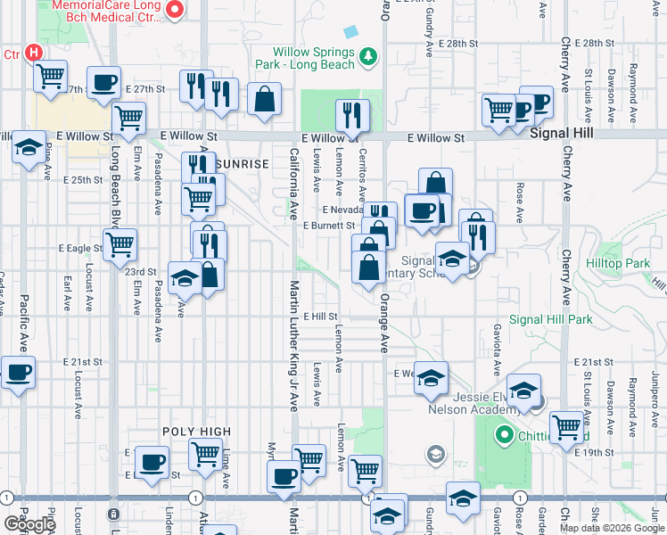 map of restaurants, bars, coffee shops, grocery stores, and more near 2305 Lemon Avenue in Signal Hill