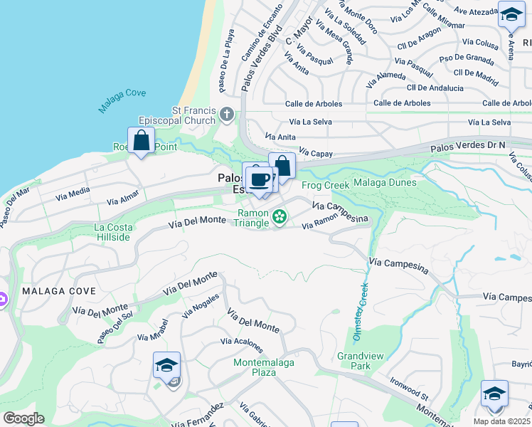 map of restaurants, bars, coffee shops, grocery stores, and more near 2425 Vía Campesina in Palos Verdes Estates
