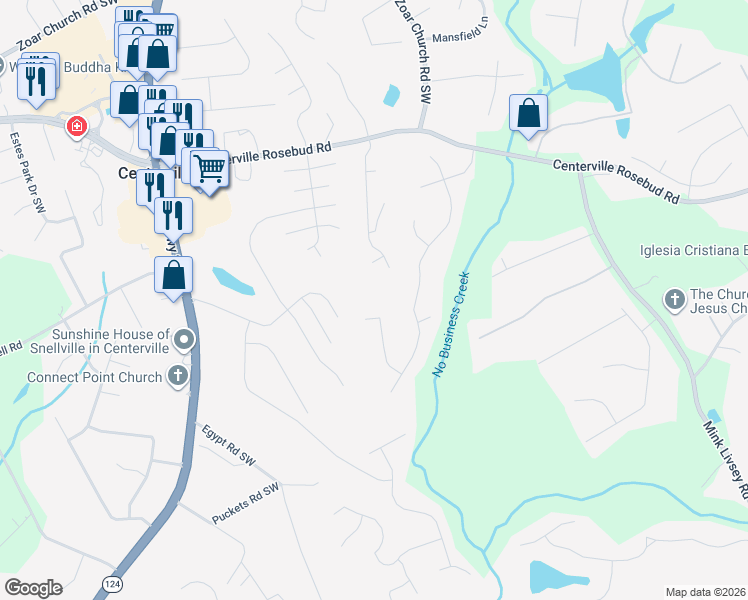 map of restaurants, bars, coffee shops, grocery stores, and more near Everson Ridge Court Southwest in Snellville