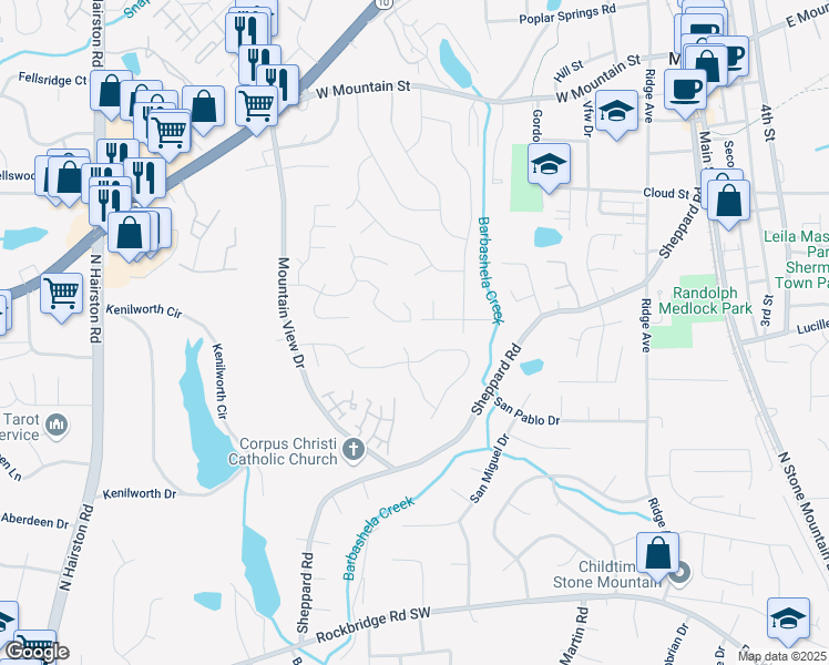 map of restaurants, bars, coffee shops, grocery stores, and more near 5115 Leland Drive in Stone Mountain