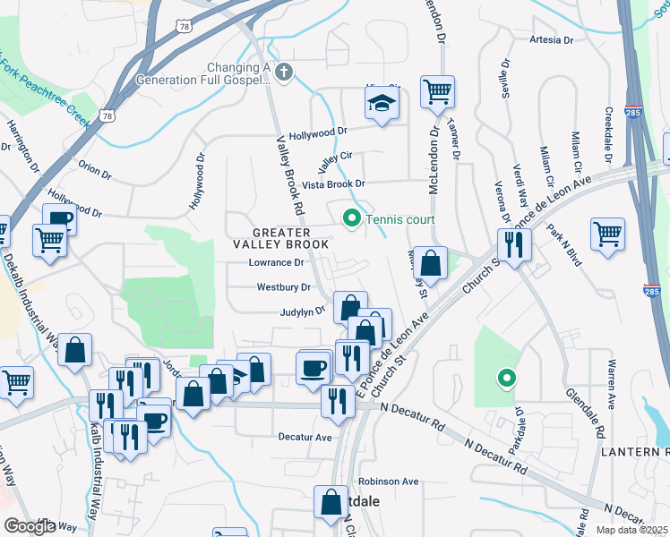 map of restaurants, bars, coffee shops, grocery stores, and more near 790 Timbre Lane in Decatur