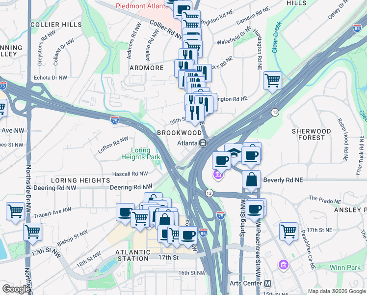 map of restaurants, bars, coffee shops, grocery stores, and more near 28 Standish Avenue Northwest in Atlanta
