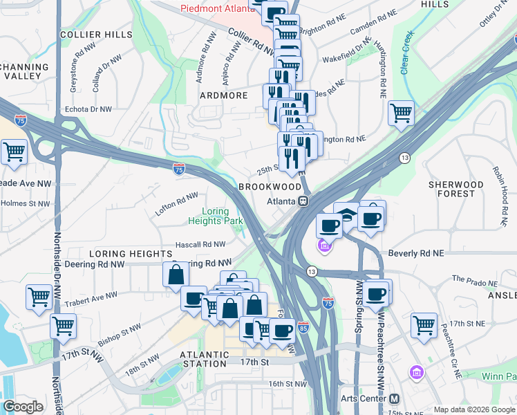 map of restaurants, bars, coffee shops, grocery stores, and more near 56 Alden Avenue Northwest in Atlanta
